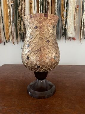 Gold Mosaic Glass Hurricane Vase - Elegant Home Accent like new